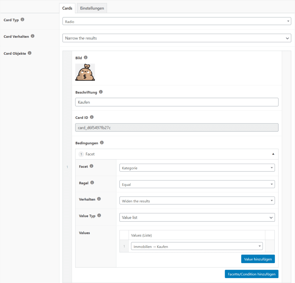 Filter cards configuration