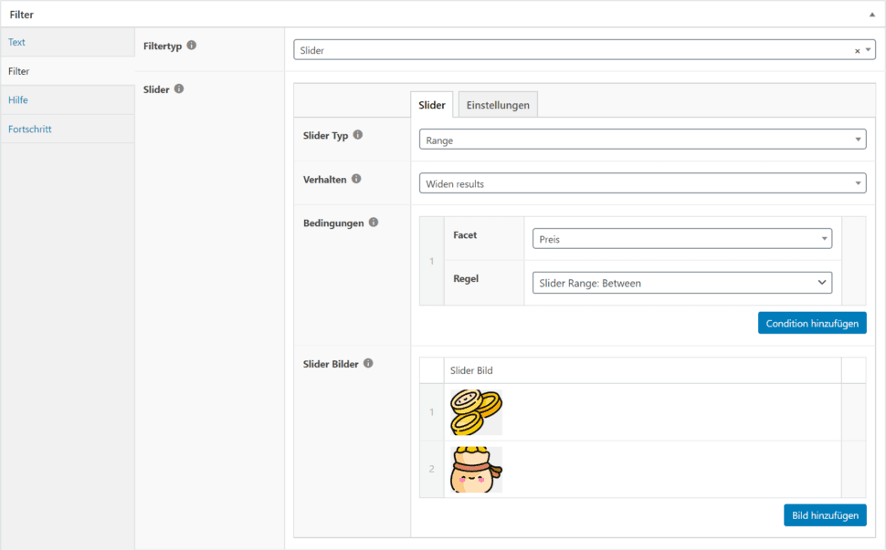 Slider configuration interface