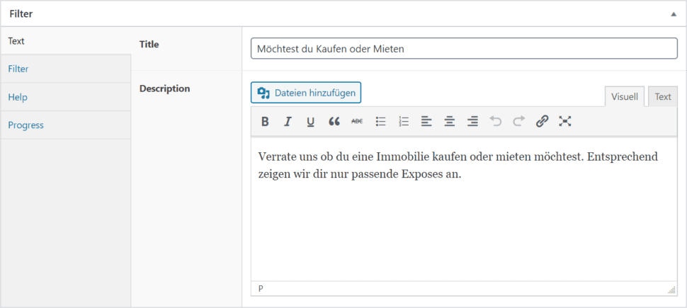 Filter text configuration