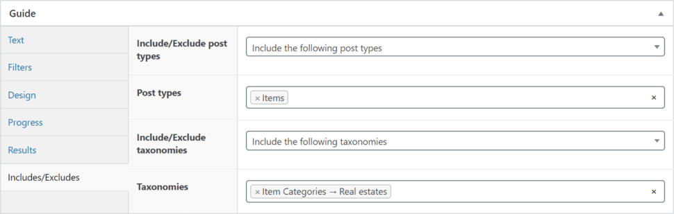 Guide include/exclude settings